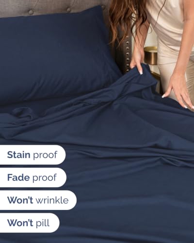 Image of Extra Deep Flex Top Split Head King Sheet Set - 6 Piece Breathable and Cooling Sheets - Hotel Luxury Bedding for Women, Men, Kids & Teens - Easy Secure Fit - Extra Deep Pockets - Navy Blue
