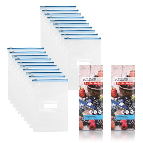 Vaily Zip Gefrierbeutel 20er Set - 3L Frischhaltebeutel zum wiederverschließen - Großes Set zur Lebensmittelaufbewahrung und Einfrieren