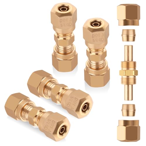 HaSaoMoi Air Brake Nylon Tubing Brass Union Fitting, 1/4" Air Compression Straight Union Fittings for Nylon Hose with D.O.T Approved (Pack 4)
