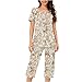 Auwer Womens Fashion Summer 2 Pc Pajamas Round Neck Short Sleeve Pleats Loose Capri Pants Printed Sleepwear with Pockets Yellow