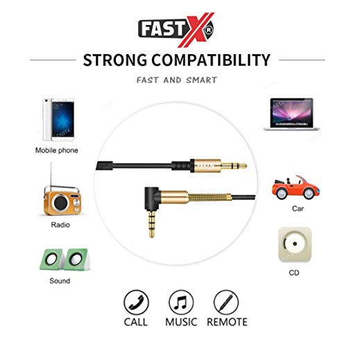 Image of FASTX Strong Black L-Shaped 3.5mm Aux Cable with mic 24K Gold Plated Male to Male Audio Cable with Inline Wire Control Button for Music and Smart Control for Answer Phone Calls.