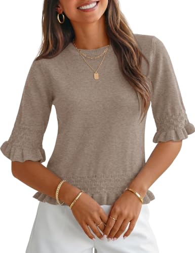 AKEWEI Womens Tops Knit Pullover Sweaters Ladies 3/4 Length Sleeve Cloth