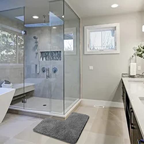 Seavish Shaggy Bathroom Rug, L-Shaped Dark Grey Bath Mat, Non Slip Corner Shower Mat, Water Absorbent Soft Bath Rug, Fluffy Washable Rug Carpet For Square Shower, Tub, Bath Room #TOP5