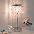 Crystal Touch Control Table Lamp with Dual USB Charging Ports, 3 Way Dimmable Bedside Lamp with Pink Shade, Decorative Nightstand Lamp for Girls Bedroom, Living Room, Office, B11 LED Bulb Included