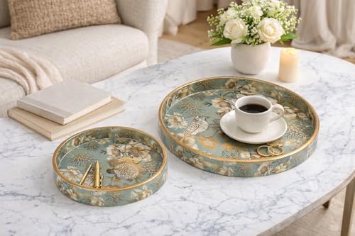 Image of Round Wooden Serving Tray Set of 2, Decorative Floral Design Resin Coated Trays with Raised Edge, Multipurpose Serving & Home Decor Trays for Dining Table, Centre Table & Kitchen