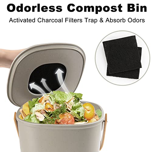 Yatmung Compost Bin, Countertop Compost Bin With Lid, Odorless Indoor Compost Bucket Made Of Bamboo Fiber, Includes Charcoal Filter, Grey #TOP2