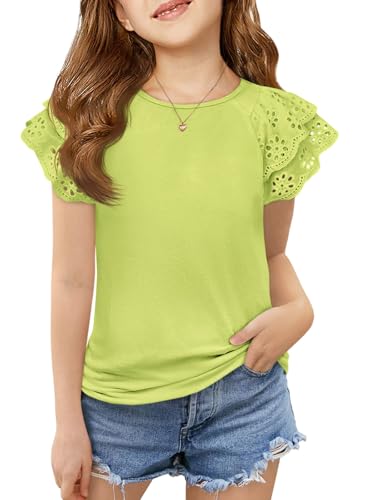 Image of Haloumoning Girls Ruffle Sleeve T Shirts Summer Short Sleeve Casual Cute Crewneck Tops Tees 5-14 Years