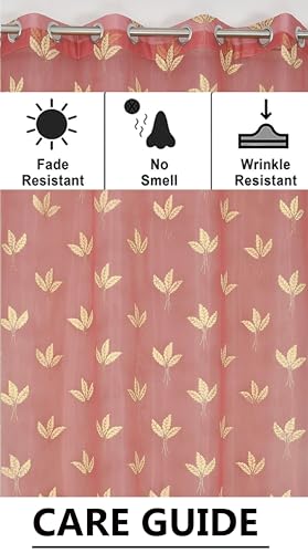 Image of IVAZA Polyester Semi-Transparent Leaf Embroidered Curtain ? Sheer Voile Panel with Eyelets ? Lightweight & Airy ? Ideal for Living Room, Bedroom, Balcony Long Door- 9 Feet (Pack of 2) Pink