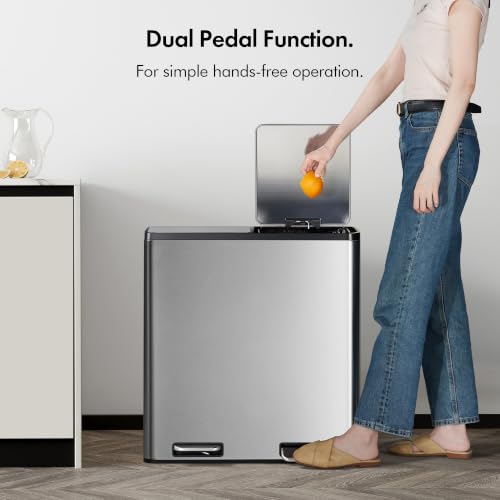 Image of VonHaus Double Recycling Bin 60L for Kitchen - Stainless Steel Recycling Bin with Two Compartments - 2 x 30L Removeable Inner Bins Dual Waste Bin with Pedal Feet - Dual Recycling Bin for Kitchen