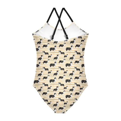 senya Girls Swimsuits One-Piece Swimwear Tie Bathing Suit Beach Summer Round Neck 5-6T Black White Dog Pattern2