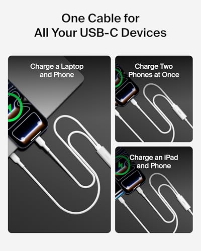 Image of Belkin 2-in-1 USB C to USB C Cable 140W, 5ft Braided Dual Charging Cable - Fast-Charging Combo Cord w /Smart Power Sharing for MacBook, iPhone, iPad, Samsung, Pixel, & More - Travel Essentials - White