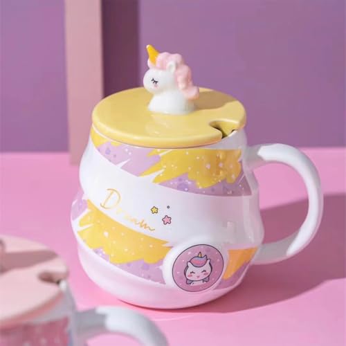 Image of Spooky Unicorn Ceramic Mug with Lid and Spoon - 400ml Cartoon Coffee Cup for Kids, Girls & Women - Gift for Birthday, Office, Christmas, Valentine's Day - Ins-Style Animal Tea Mug (Yellow)