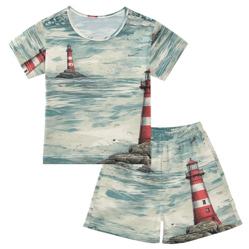 ALAZA Retro Style Nautical Lighthouse Pajama Set Short Sleeve Sleepwear Soft Lounge Nightwear