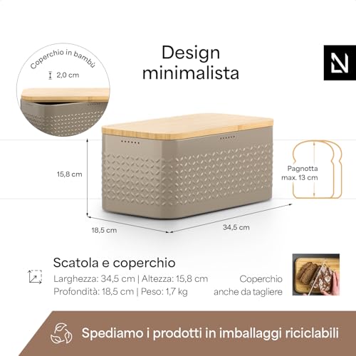 Image of LARS NYSOM Bread Box I Metal bread box for long lasting freshness with non-slip pads I Baked goods Bin with bamboo lid usable as cutting board I 13.6x7.3x6.2in (Taupe Brown)