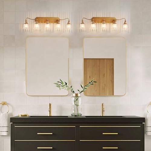 Image of LmnLvn Brushed Gold 5-Light Bathroom Light Fixture, Crystal Glass Shade