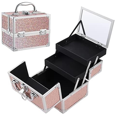 Costravio Portable Makeup Train Case Cosmetic Box 2 Trays Makeup Storage Organizer with Mirror Lockable for Nail Tech Jewelry Girls Travel Case - Rose Gold Cover