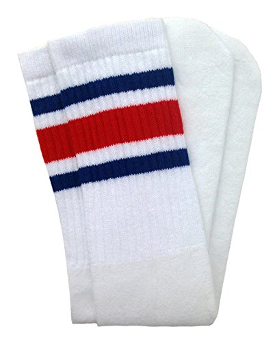 Skater Socks 22  Knee high White tube socks with Royal Blue-Red stripes style 3