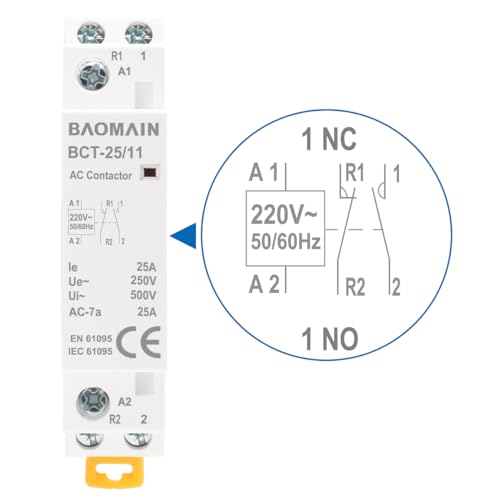 Baomain 220V AC 2-Pole Modular Contactor, 25A 1NO1NC Normally Open + Normally Closed, DIN Rail Mount for HVAC, Motor, Pump & Lighting Control BCT-25/11-220VAC