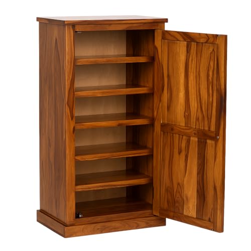Image of Solid Sheesham Wood Shoe Cabinet with Door, 6 Shelves, Natural Finish | Multi-Purpose Storage Cabinet, Holds 12-15 Pairs of Shoes, No Assembly Required