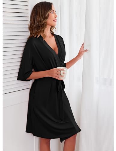 Image of Ekouaer Short Robes for Women Lightweight Kimono Robes Knit Bathrobe Soft Sleepwear with Pockets S-XXL