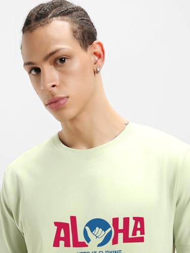 Image of Bewakoof Men's Typography Regular Fit Half Sleeve Round Neck Pure Cotton T-Shirt 1500903 Green 3XL