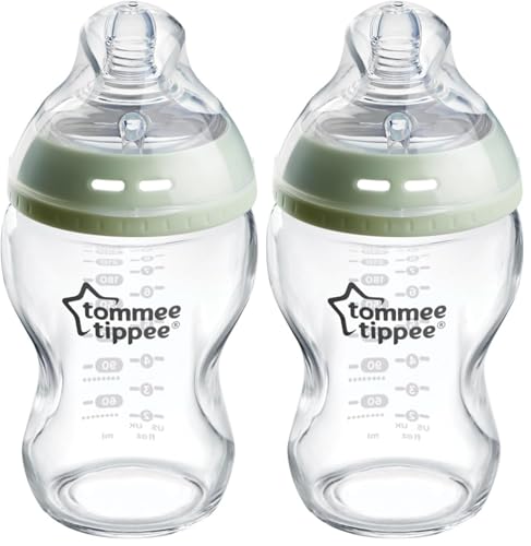 Tommee Tippee Natural Start Anti-Colic Glass Baby Bottle, 250ml, 0+ Months, Slow Flow Breast-Like Teat for a Natural Latch, Anti-Colic Valve, Self-Sterilising, Pack of 2