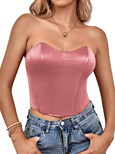 Lyaner Women’s Sexy Satin Sweetheart Neck Crop Tube Tops Strapless Bustier Cami Corset Top Dusty Pink X-Small #TOP15