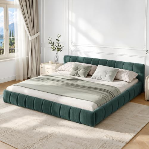 Chenille Queen Size Bed Frame with Headboard, Soft Floor Bed Frame, Green