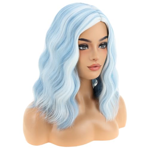 Image of BERON Blue and White Short Curly Wavy Wig for Women Flag Wig Shoulder Length Side Part Heat Resistant Synthetic Wigs Halloween Costume Cosplay Party Wig