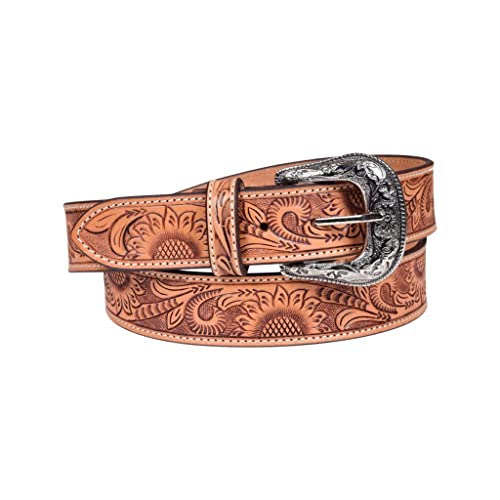 Tooled Genuine Leather Sunflower Design Western Belt With Removeable Buckle 30WE001
