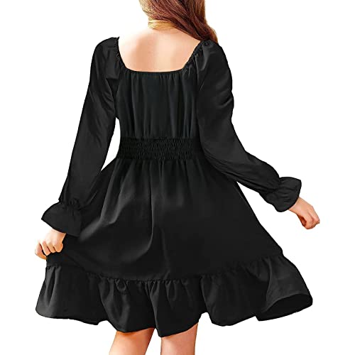 Qiraoxy Girls Dress Long Sleeve Swing Dress Casual Square Neck A-Line Skater Dress Party Dresses Elegant Dresses Wedding School Clothes for Kids Girls 5-12 Years - Image 3