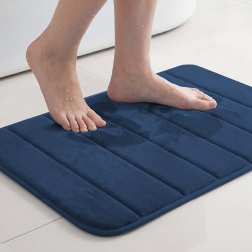 Flamingo P Memory Foam Bath Mat Rug, Soft Non Slip Absorbent Shower Bathroom Mats Machine Washable, 24x17 Inches, Navy