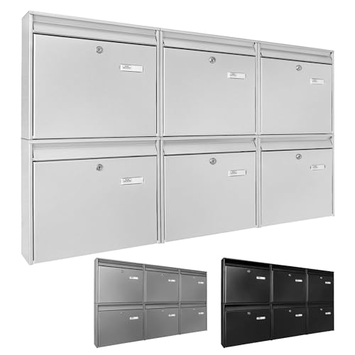 banjado Burg-Wächter Briefkastenanlage - Briefkasten 6 Parteien - Briefkästen Weiß - Postkasten Mehrfamilienhaus - Briefkasten XXL mit Namensschild