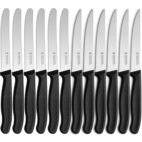 targzier Frühstücksmesser und Steakmesser Set,12 Stück Schwarzes Messerset,Edelstahl Tafelmesser(Tomatenmesser) und Steak Messer,Scharfe Messer mit Wellenschliff,Stabiler Griff,Spülmaschinenfest