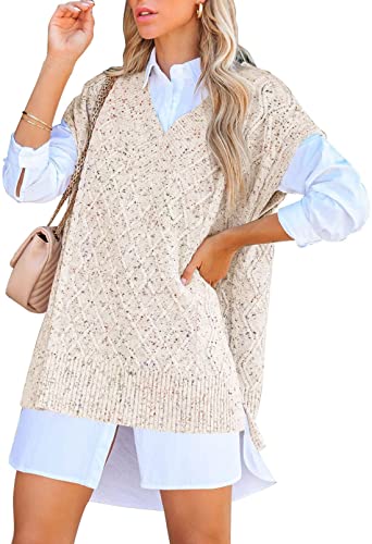 Viottiset Women's Oversized V Neck Knit Sweater Vest Tunic Sleeveless Pullover Top