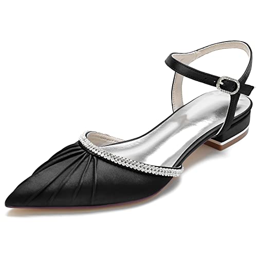 SENELK Pisos Puntiaguda Dedo del pie Sandalias Slingback tacón bajo Bombas con Correa Hebilla Plisada satén Zapatos de Boda con Cristal,Negro,42 EU
