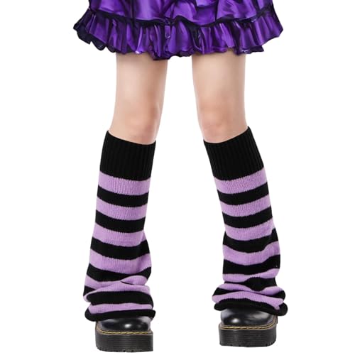 Moon Wood Y2K Calentadores de Piernas para Mujer y Niña Kawaii Polainas Tejidas Hasta la Rodilla Estilo Gótico Lolita Negro y Morado