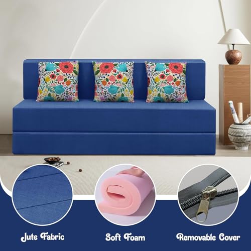 Image of Rosebell Sofa Cum Bed Three Seater, Foldable Sofa Bed 5 X 6 Feet, Jute Fabric- Washable Cover- Including Two Cushion Perfect for Home & Office - Blue