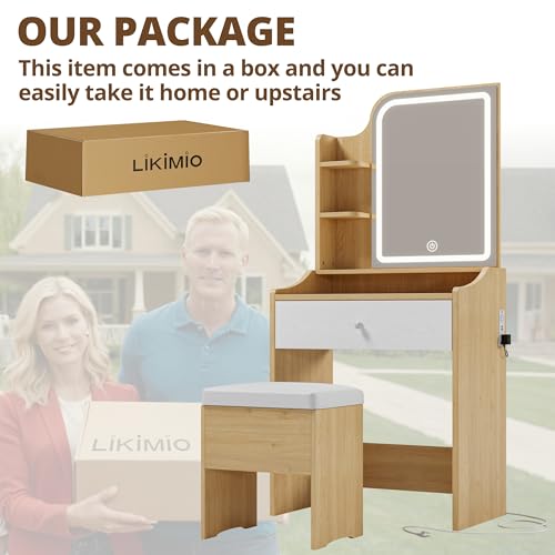 LIKIMIO Small Makeup Vanity Desk with Mirror and Lights, Vanity Table Set with Storage Drawer, Chair and Three Shelves, Bedroom, Wood