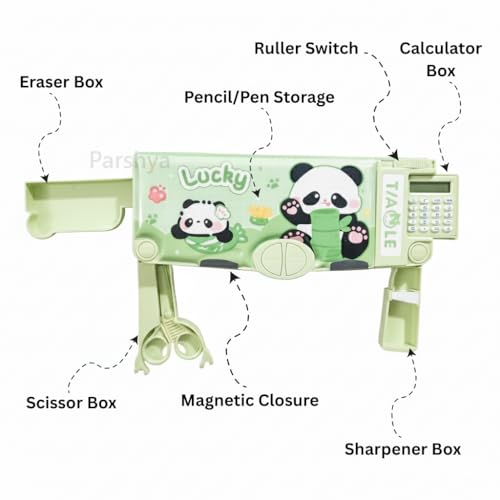 Image of KiddieWorld Magnetic Multi-Functional Pencil Box for Boys & Girls | Built-in Calculator, Dual Sharpener | Large Capacity Compass Box | Durable Stationery Organizer for Kids