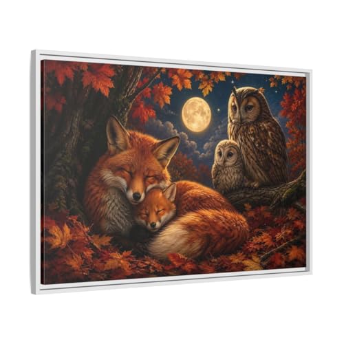 Toile renards et hiboux d'automne avec cadre blanc 3cm