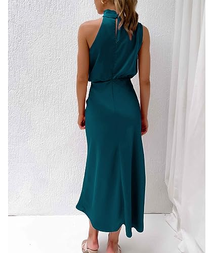 Image of Sexyshine Women's Elegant Halter Tie Neck Sleeveless Satin Long Dress Backless Split Cocktail Party Formal Wedding Maxi Dress