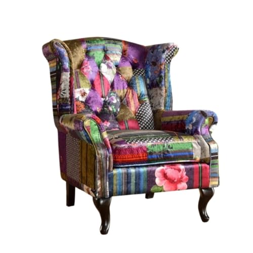 House of Velvet Multicoloured Patchwork Fabric Wingback Chair - Chesterfield High Backed & High Seat Queen Anne Fireside Winged Chair, Accent Armchair for Living Room, Conservatory, Bedroom, Reading