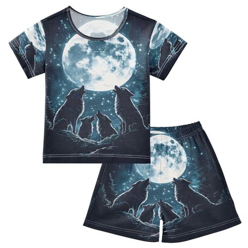 ALAZA Howling Wolf Moon Starry Dark Pajamas Set Short Sleeve Cotton Sleepwear Summer Pjs 2 Piece 5-14Y