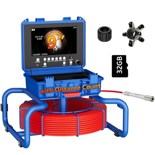 Telecamera Ispezione tubi 50 metri con DVR, Sonda con TelecameraContatore di Distanza, Display a IPS da 9, Videoispezione per Tubazioni Impermeabile, Telecamera Endoscopica, Cavo di 7 mm più spesso