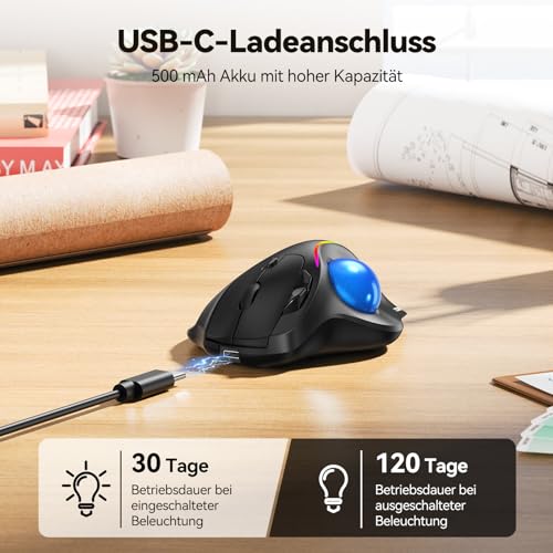 TECKNET Kabellose Trackball-Maus, Ergonomische Maus mit Bluetooth und verschlüsseltem Dongle, 6 Tasten,3 Geräte Verbindung, RGB-Beleuchtung, für PC/Mac