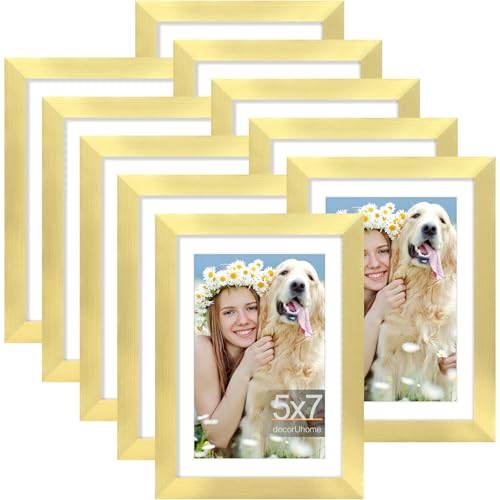 decorUhome 5x7 Picture Frame Set of 10, Display Photos 4x6 with Mat or 5x7 Unmatted for Picture Frames Collage Wall Decor, Gold