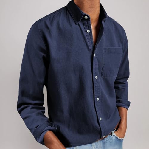 Long Sleeve Shirts for Men Casual Solid Color Classic Lapel Collar Button Down Blouse Comfy Loose Work Dress Shirt - Image 3