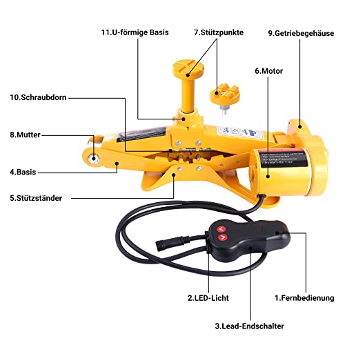CarBole 3T Elektrischer Scherenwagenheber, Auto Wagenheber 12V mit Fernbedienung, Reifenwechsel Scherenlift Für SUV PKW MPV,12-45cm Gelb - Image 6