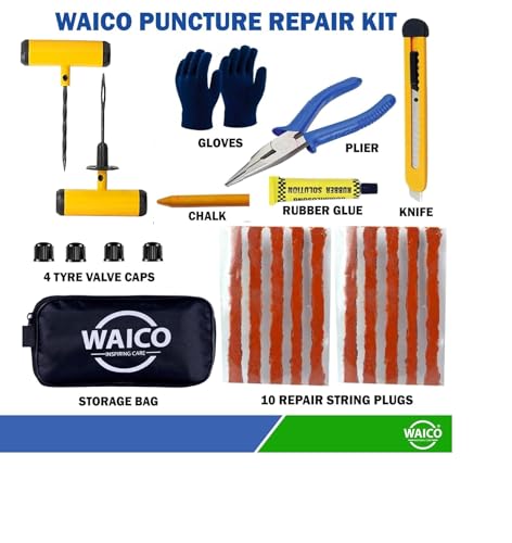 Image of WAICO 9 in 1 Universal Tubeless Tyre Puncture Kit | with Tools, Plier, Knife, Puncture Strips,Gloves & Storage Bag | Emergency Flat Tire Repair Tool Set for Car, Bike, SUV, & Motorcycle.